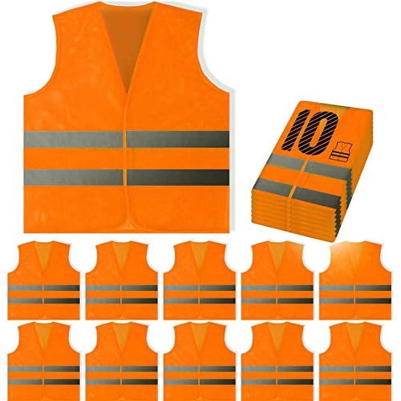 PeerBasics, 10 Pack, Orange Reflective High Visibility Safety Vest, Hi Vis Silver Strip, Men & Women, Work, Cycling, Runner, Surveyor, Volunteer, Crossing Guard, Road (Orange Mesh, 10)