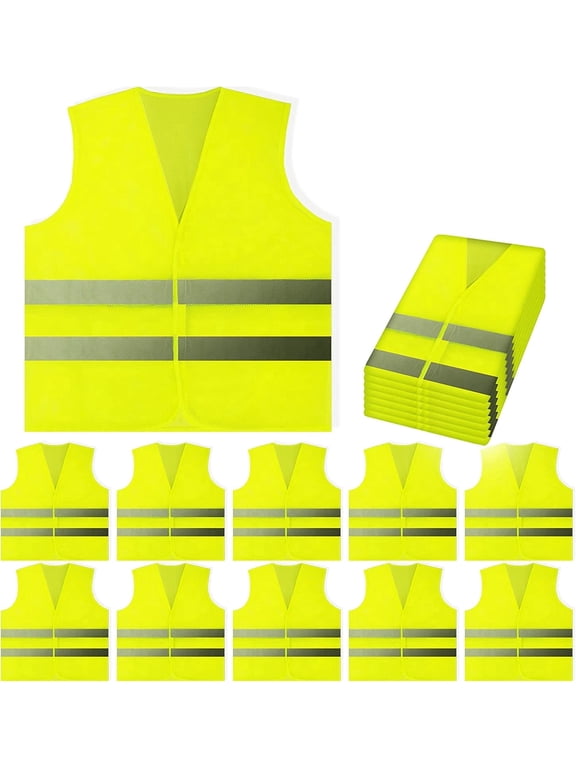 Safety Vests 10 Pack - Yellow Reflective High Visibility, Hi Vis Silver Strip, Men Women, Work, Runner, Surveyor, Volunteer, Crossing Guard, Road, Construction, Neon (Mesh, 10) 10 Yellow