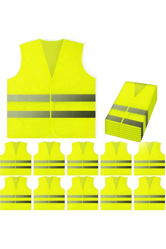 Safety Vests 10 Pack - Yellow Reflective High Visibility, Hi Vis Silver Strip, Men Women, Work, Runner, Surveyor, Volunteer, Crossing Guard, Road, Construction, Neon (Mesh, 10) 10 Yellow
