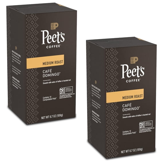 Peets Caf Domingo Coffee Pods 32 Count (2 Packs of 16) Medium Roast with Smooth, Balanced Flavor and Aromatic Finish Compatible with Pelecom Coffee Machines