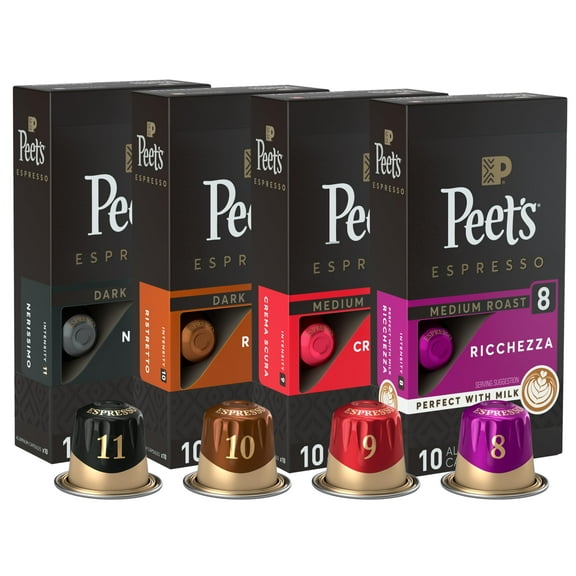Peet's Coffee, Dark and Medium Roast Espresso Capsules Variety Pack, Compatible with Nespresso Original Machine, 100% Arabica Coffee - Intensity 8-11, 40 Count (4 Boxes of 10 Espresso Capsules)