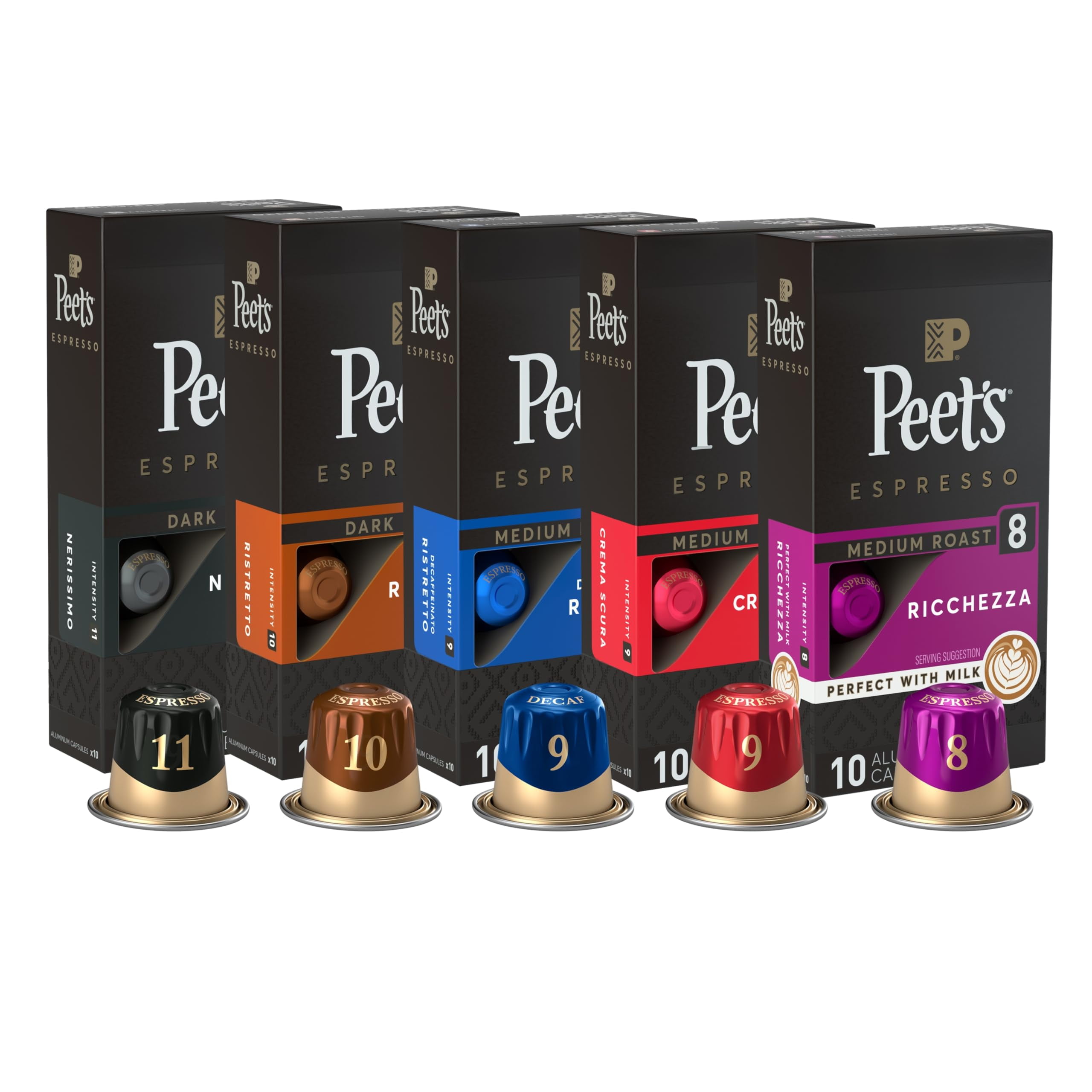 Peet's Coffee, Dark and Medium Roast Espresso Capsules Variety Pack with Decaf, Compatible with Nespresso Original Machine, Arabica Coffee - Intensity 8-11, 50 Count (5 Boxes of 10 Espresso Capsules)
