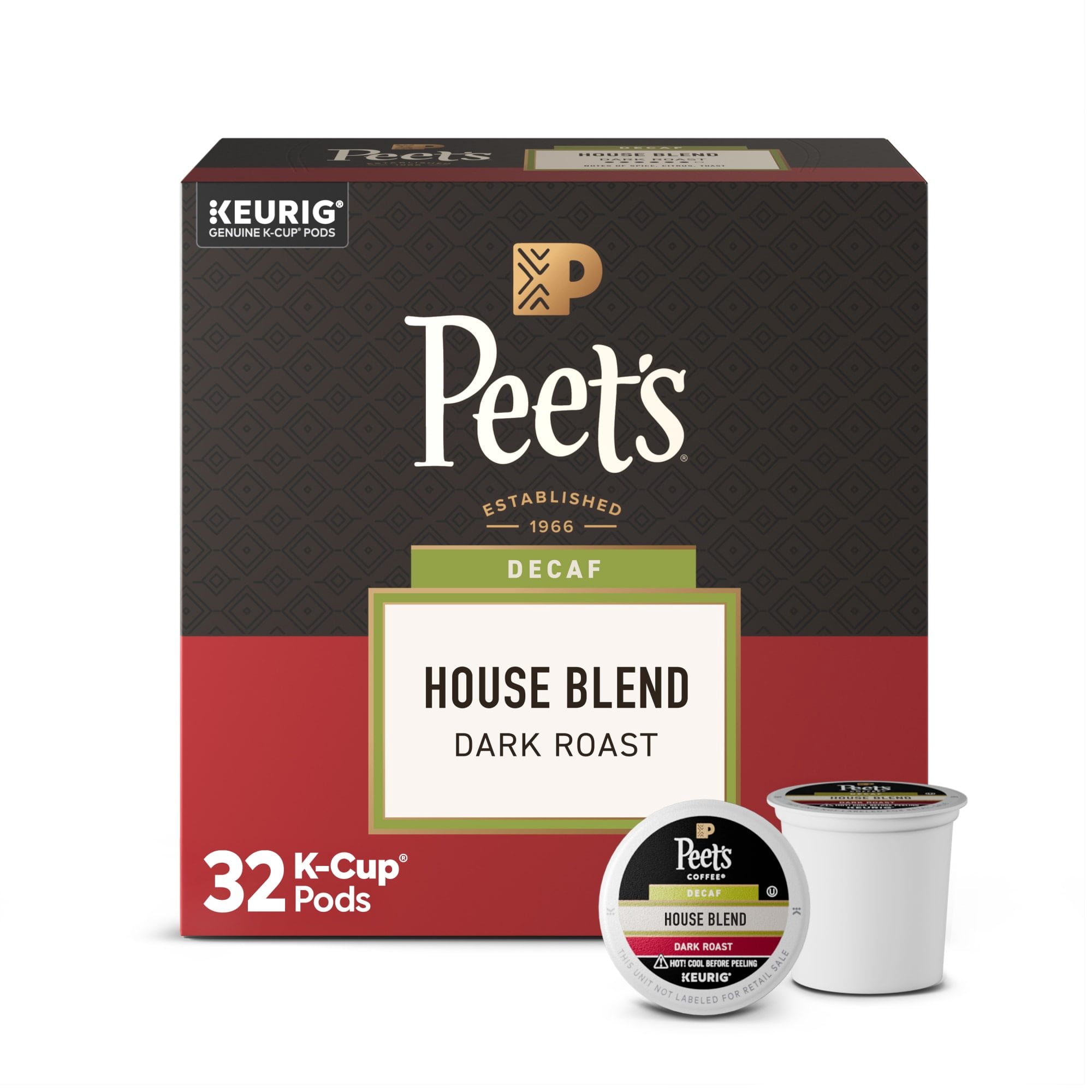 Peet's Coffee Decaffeinated House Blend Dark Roast Single Serve Coffee Pods, 32 Count