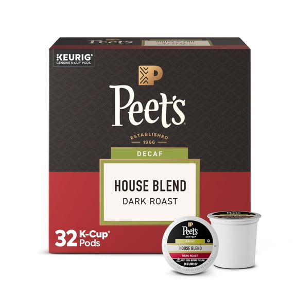 Peet's Coffee Decaffeinated House Blend Dark Roast Single Serve Coffee Pods, 32 Count