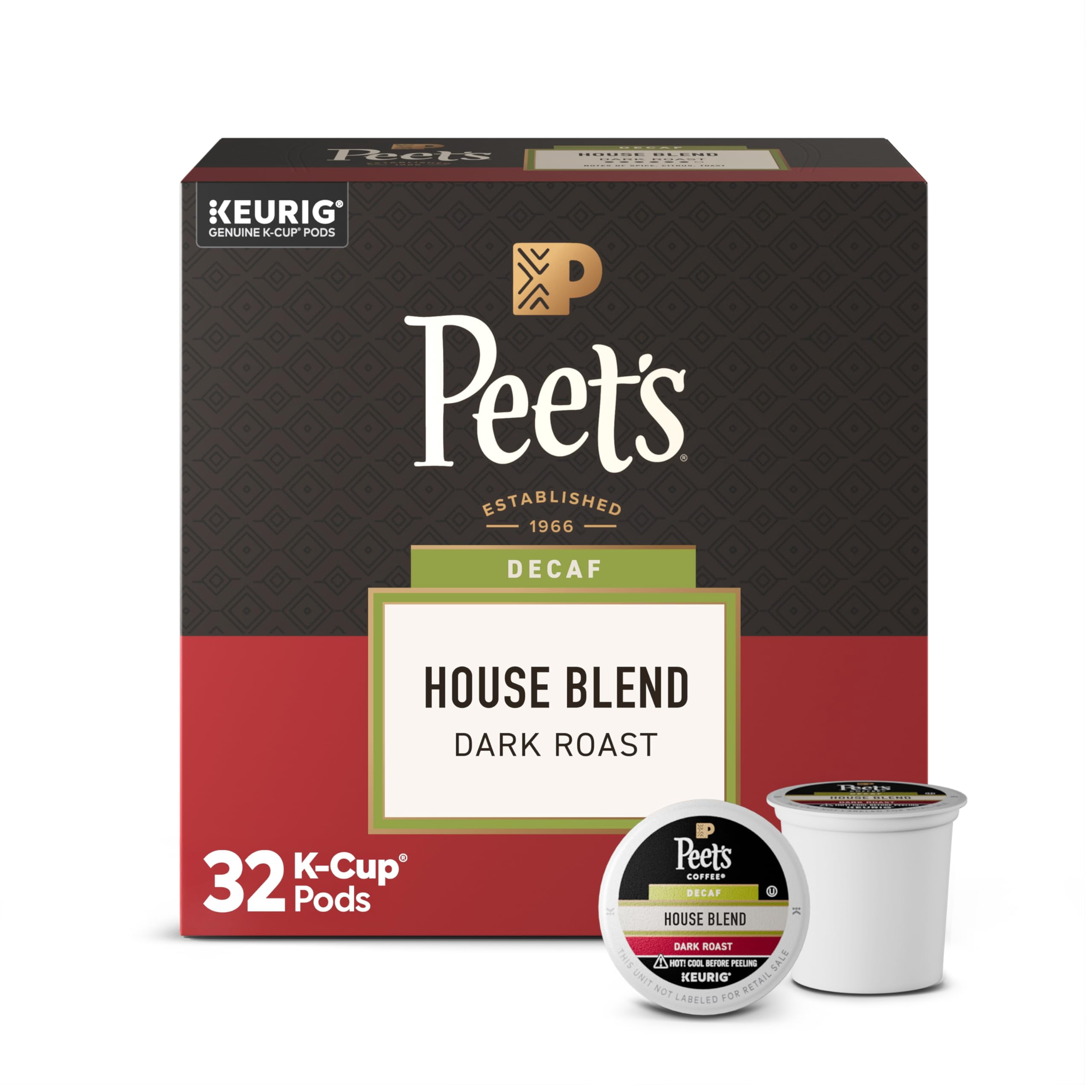 Peet's Coffee, Dark Roast Decaf Single Serve Coffee Pods, 100% Arabica Coffee - Decaf House Blend 32 Count (1 Box of 32 Pods)