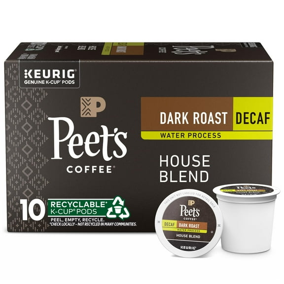 Peet's Coffee, Dark Roast Decaffeinated Coffee K-Cup Pods for Keurig Brewers - Decaf House Blend (Pack of 1, 10 Count Total)