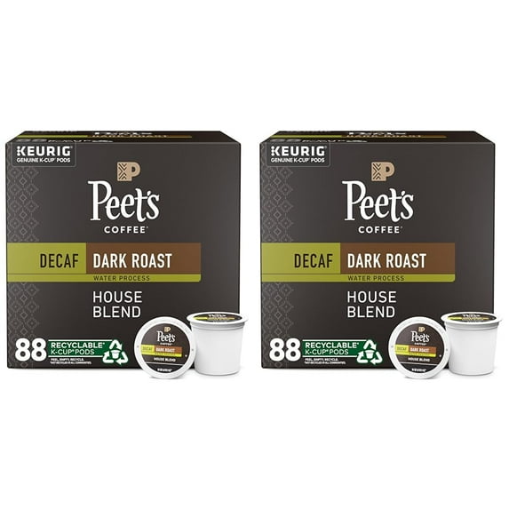 Peet's Coffee, Dark Roast Decaffeinated Coffee K-Cup Pods for Keurig Brewers - Decaf House Blend 88 Count (4 Boxes of 22 K-Cup Pods) (Pack of 2)