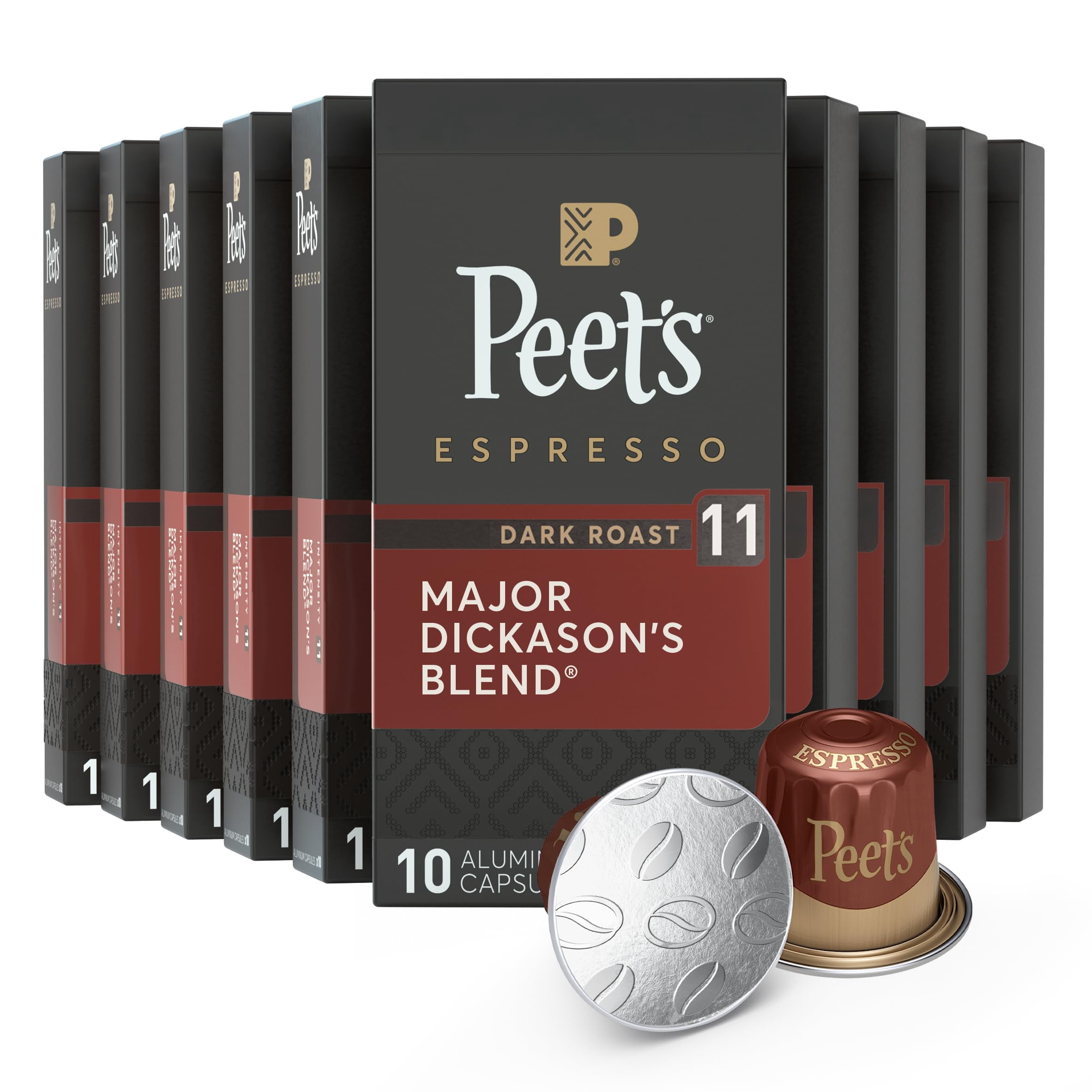 Peet's Coffee, Dark Roast Espresso Capsules, Compatible with Nespresso Original Machines, 100% Arabica Coffee - Major Dickason's Blend, Intensity 11, 100 Count (10 Boxes of 10 Espresso Capsules)