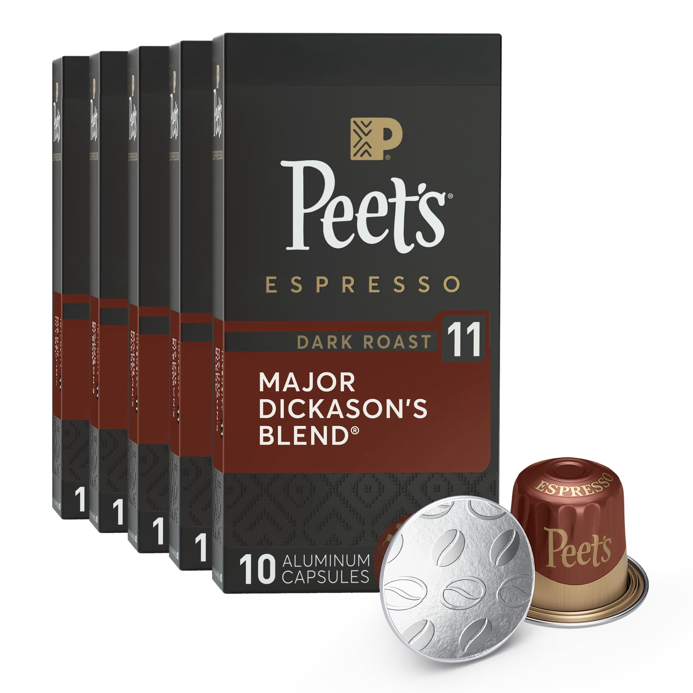 Peet's Coffee, Dark Roast Espresso Capsules, Compatible with Nespresso Original Machines, 100% Arabica Coffee - Major Dickason's Blend Intensity 11, 50 Count (5 Boxes of 10 Espresso Capsules)