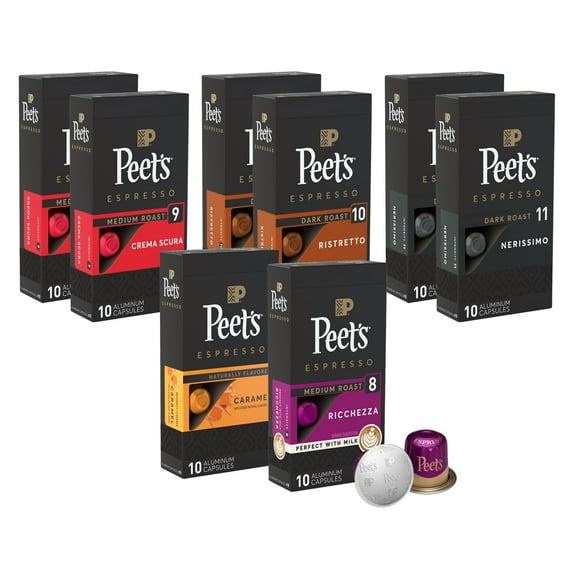 Peet's Coffee, Dark Roast Espresso Capsules Variety Pack, Compatible with Nespresso Original Machine - Intensity 8-11, 80 Count (8 Boxes of 10 Espresso Capsules)