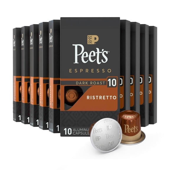 Peet's Coffee, Dark Roast Espresso Pods, Ristretto Intensity 10, 100 Count (10 Boxes of 10 Espresso Capsules)