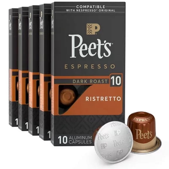 Peet's Coffee, Dark Roast OKA4Espresso Capsules, Compatible with Nespresso Original Machine - Ristretto Intensity 10, 50 Count (5 Boxes of 10 Espresso Capsules)