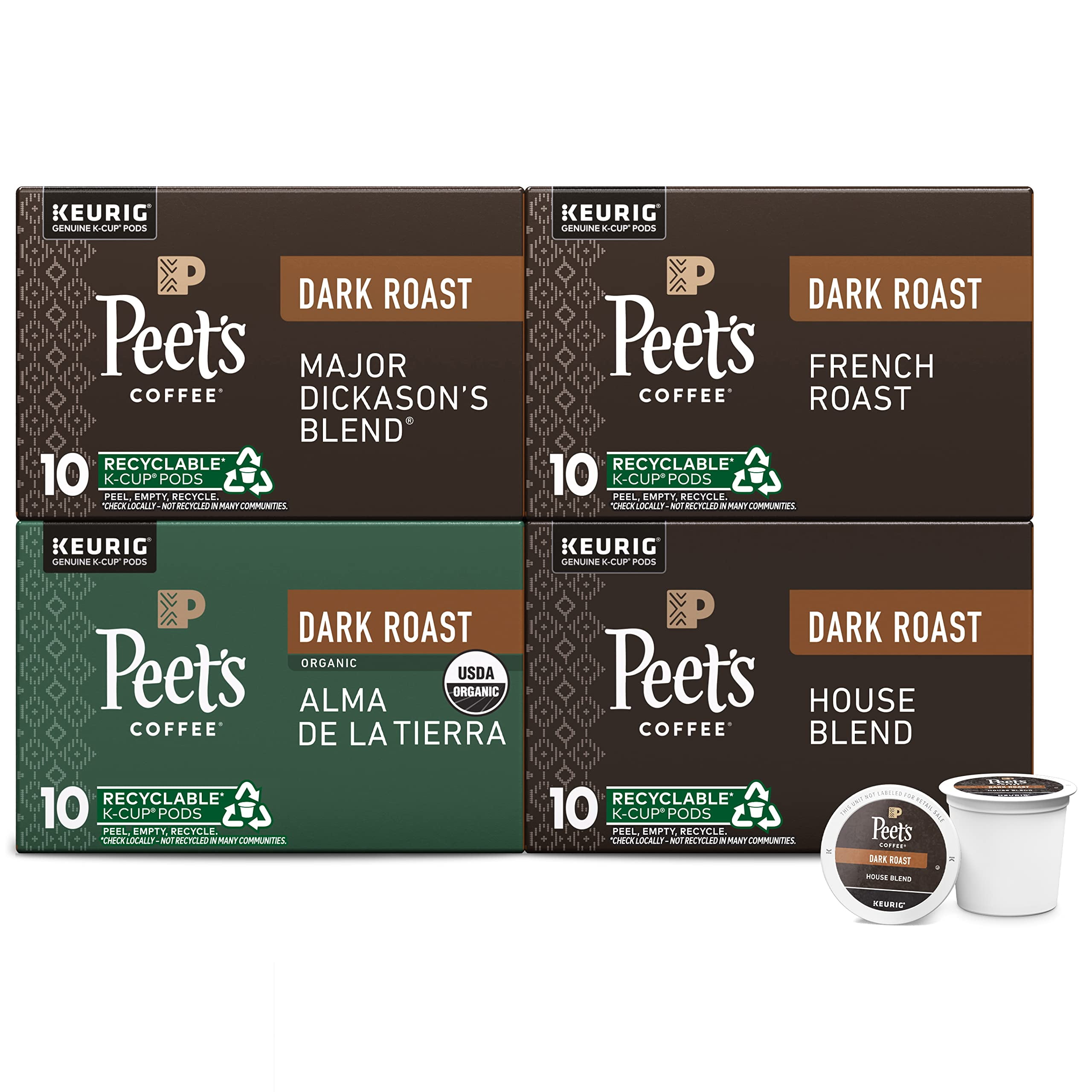 Peet's Coffee Dark Roast Keurig Coffee Pods - Assorted Selection Pack of Major Dickason's Blend, French Roast, Organic Alma De La Tierra, and House Blend - 40 Count (4 Boxes of 10 K-Cup Pods).
