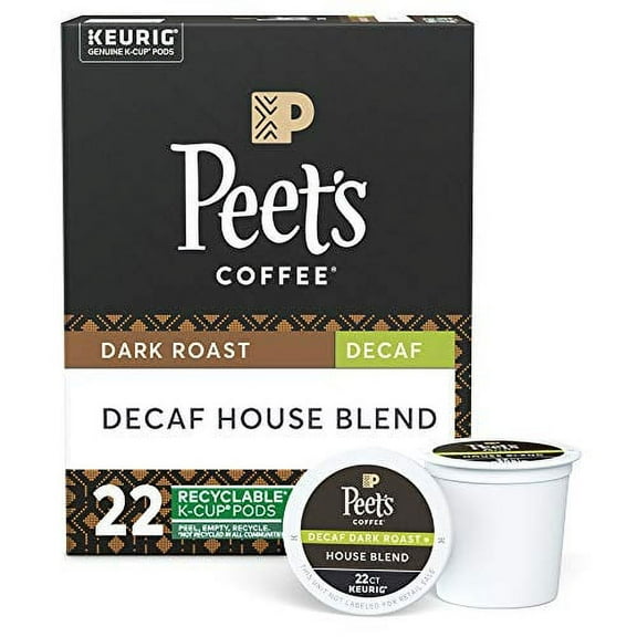 Peetâ€™s Coffee Decaf House Blend K-Cup Coffee Pods for Keurig Brewers, Dark Roast, 22 Pods