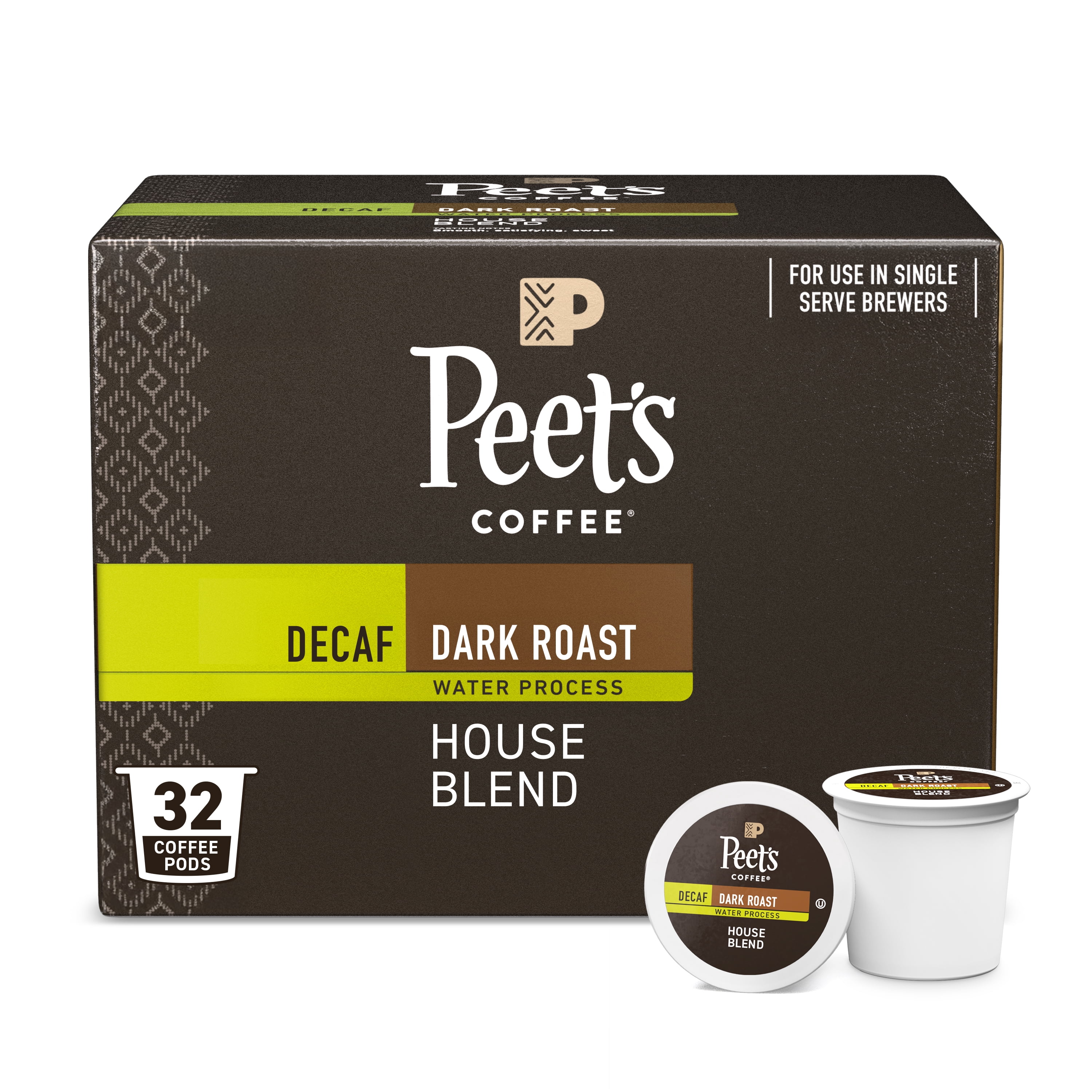 Peet's Coffee Decaffeinated House Blend Dark Roast K-Cup Coffee Pods, 32 Count
