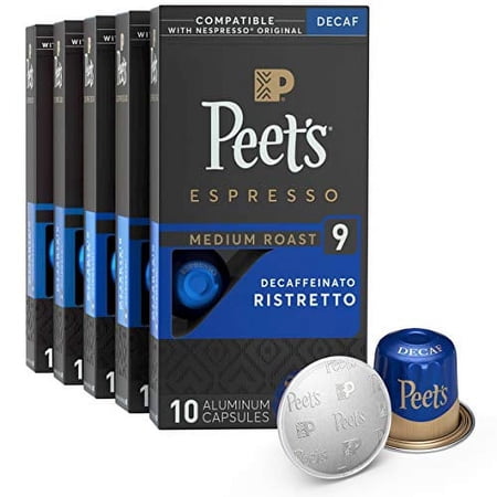 Peet's Coffee, Medium Roast Decaf Espresso Capsules, Compatible with Nespresso Original Machine - Decaf Ristretto Intensity 10, 50 Count (5 Boxes of 10 Espresso Capsules)