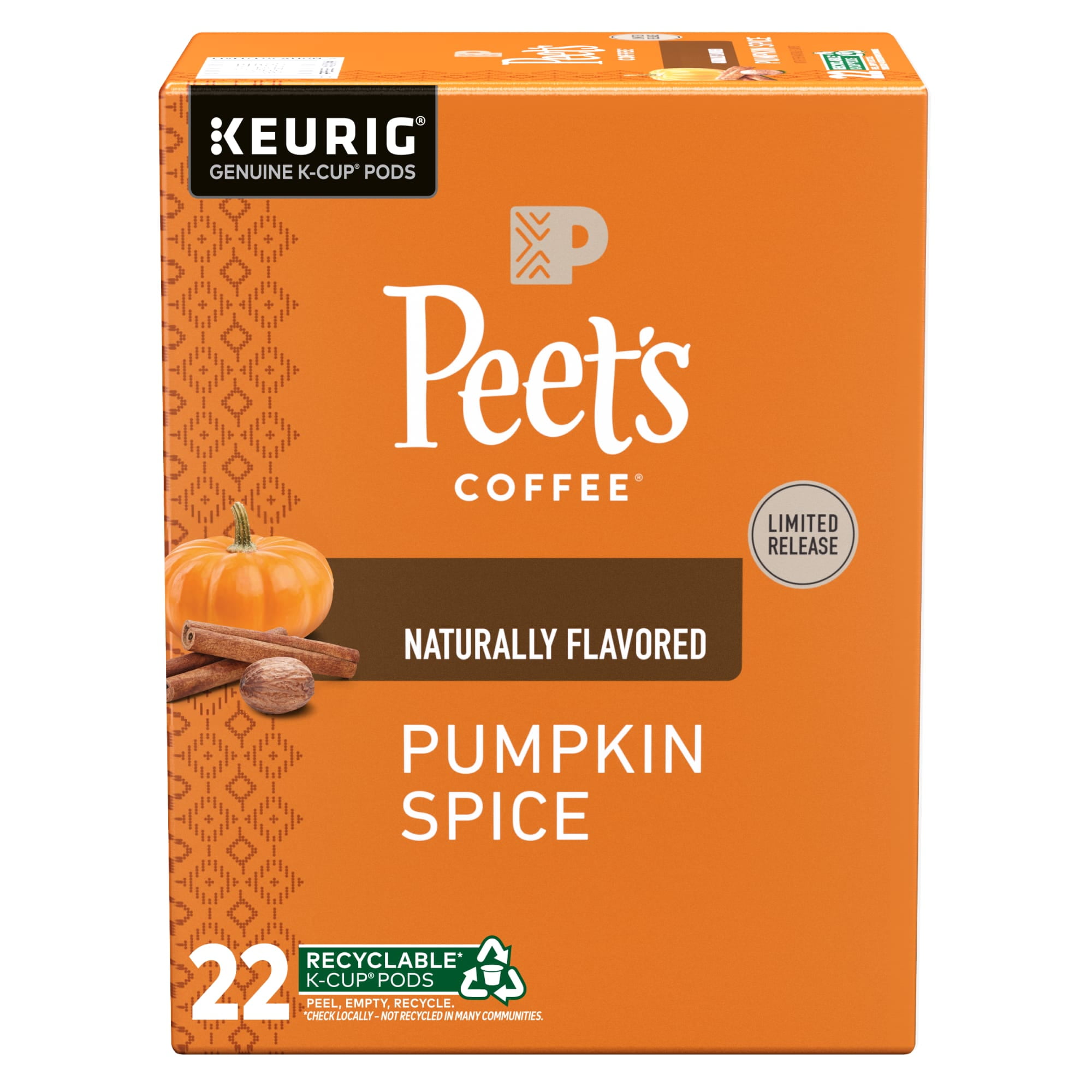 Peet's Coffee Pumpkin Spice K-Cup Pods, Light Roast, Cinnamon