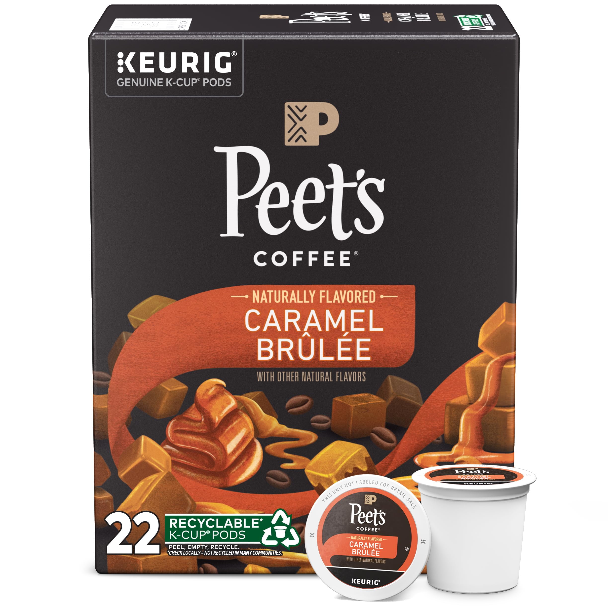 Peet's Coffee, Flavored Light Roast Keurig K-Cup Pods - Caramel Brulee 22 Count (1 Box of 22 Pods)