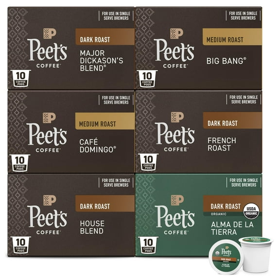 Peet's Coffee, Keurig K-Cup Pods Variety Pack, 100% Arabica Coffee - Major Dickason's Blend, Big Bang, French Roast, Caf Domingo, Organic Alma De La Tierra, House Blend, 60 CT (6 Boxes of 10 Pods)