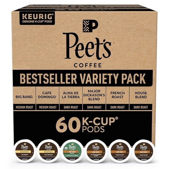 Peet's Coffee, Bestseller's Variety Pack - Major Dickason's, Big Bang, French Roast, Caf Domingo, Organic Alma De La Tierra, House Blend 60 Count (6 Boxes of 10 K-Cup Pods)