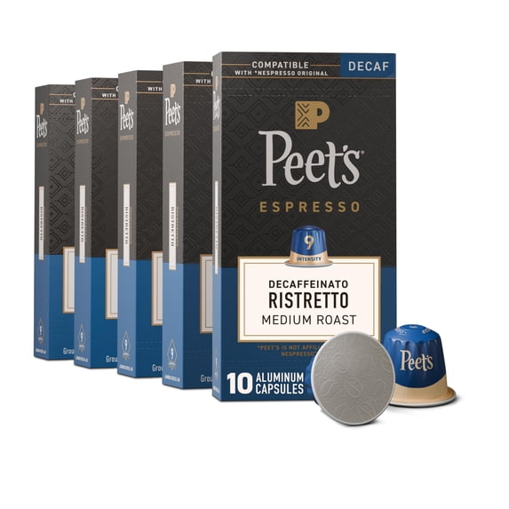 Peet's Coffee, Medium Roast Decaf Espresso Capsules, Compatible with Nespresso Original Machine, Decaffeinated Arabica Coffee - Decaf Ristretto Intensity 10, 50 CT (5 Boxes of 10 Espresso Capsules)