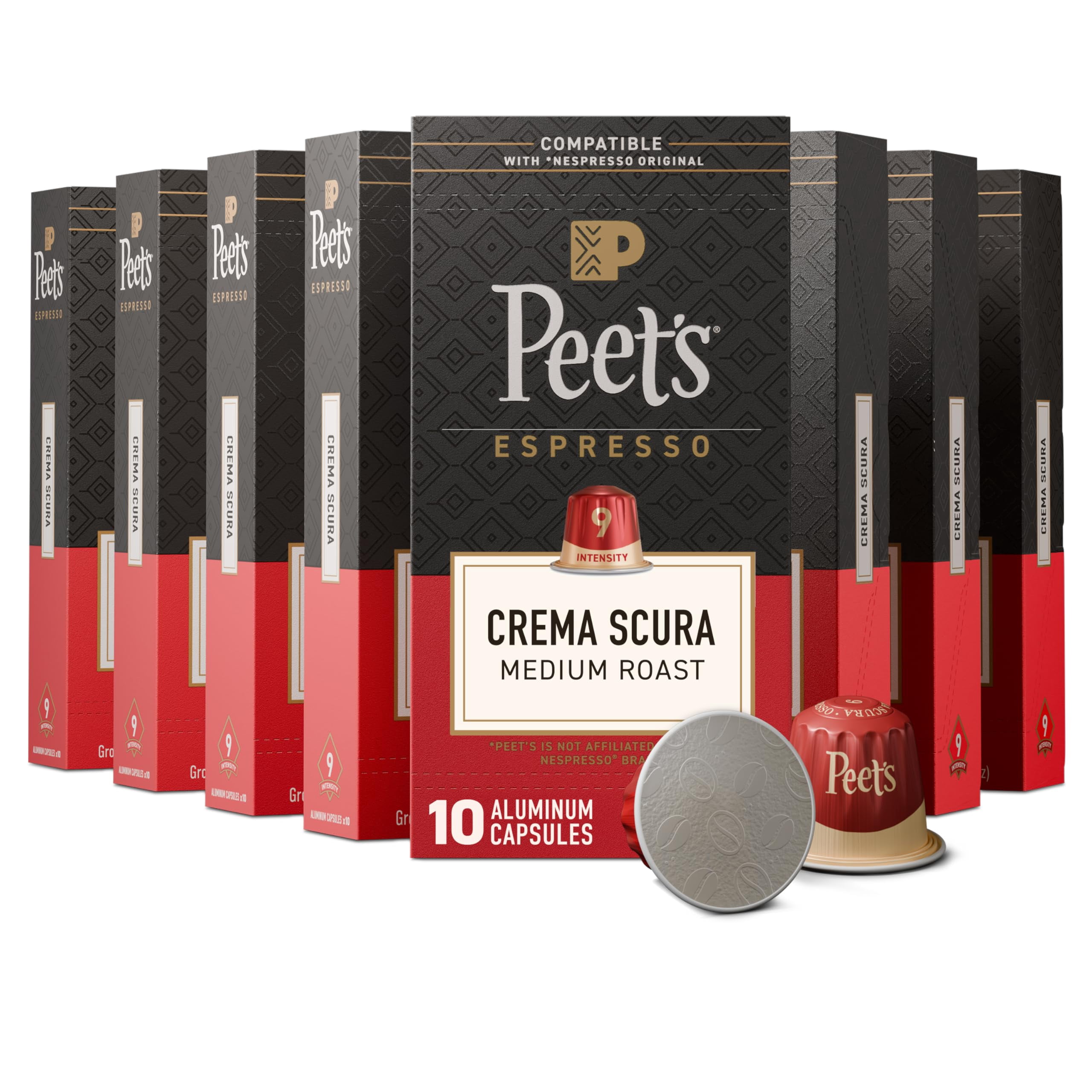 Peet's Coffee, Medium Roast Espresso Capsules, Compatible with Nespresso Original Machine, 100% Arabica Coffee - Crema Scura Intensity 9, 100 Count (10 Boxes of 10 Espresso Capsules)