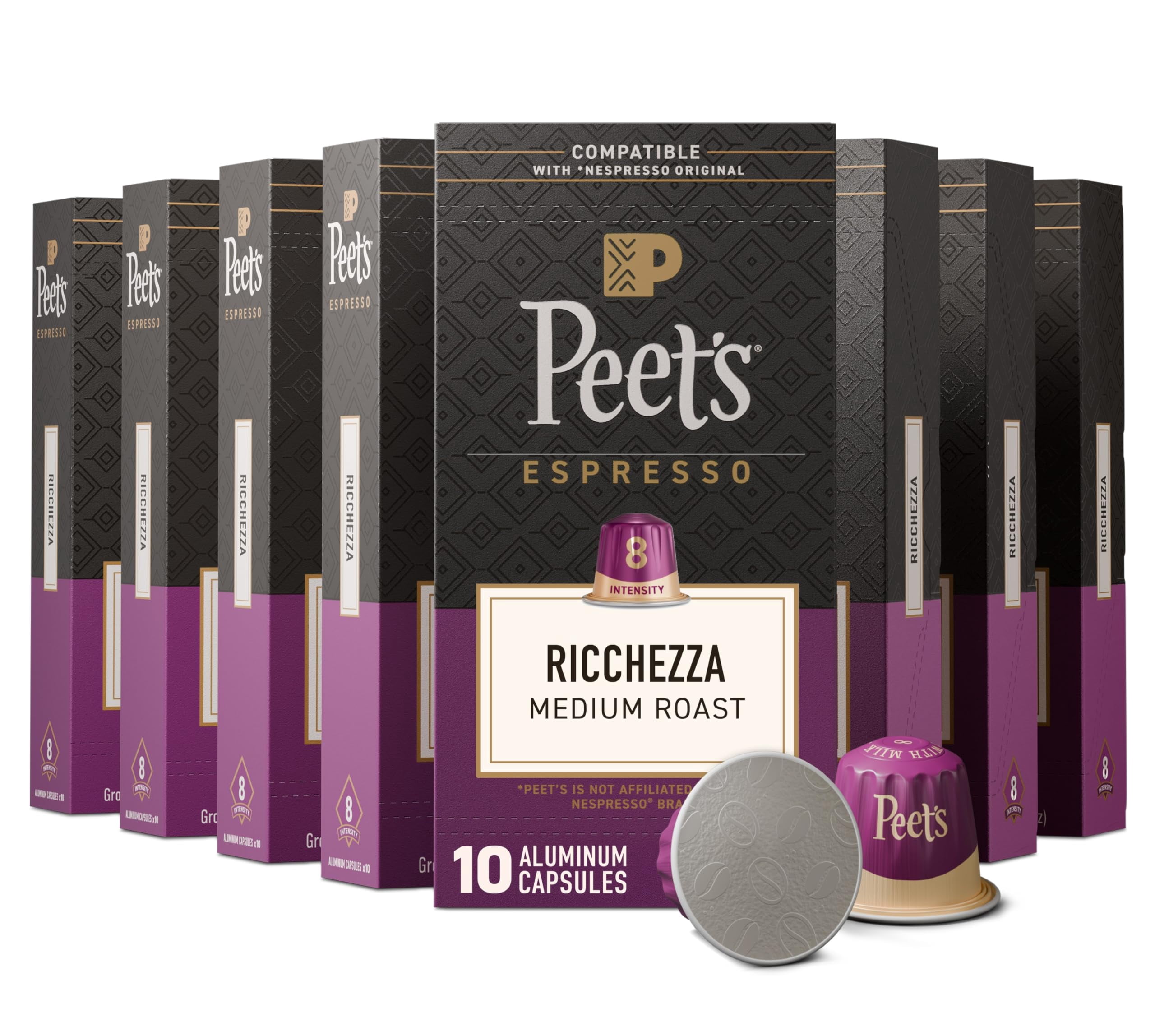 Peet's Coffee, Medium Roast Espresso Capsules, Compatible with Nespresso Original Machine, 100% Arabica Coffee - Ricchezza Intensity 8, 100 Count (10 Boxes of 10 Espresso Capsules)