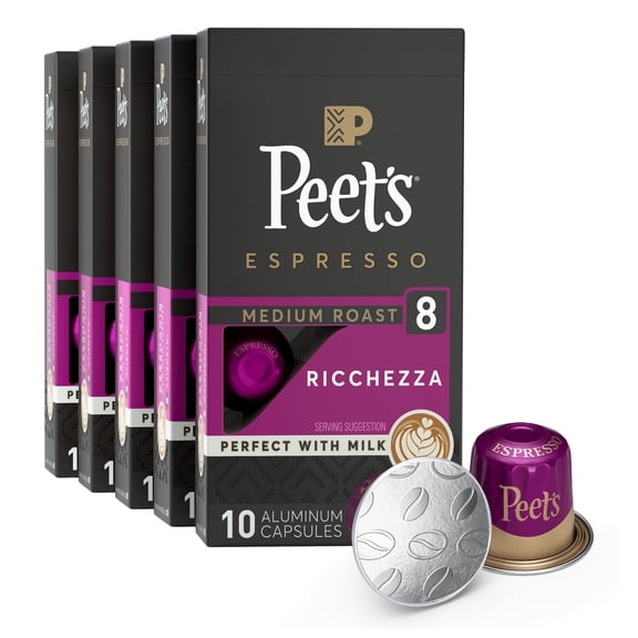 Peet's Coffee, Medium Roast Espresso Capsules, Compatible with Nespresso Original Machine, 100% Arabica Coffee - Ricchezza Intensity 8, 50 Count (5 Boxes of 10 Espresso Capsules)