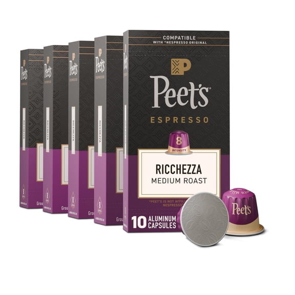 Peet's Coffee, Medium Roast Espresso Capsules, Compatible with Nespresso Original Machine, 100% Arabica Coffee - Ricchezza Intensity 8, 50 Count (5 Boxes of 10 Espresso Capsules)