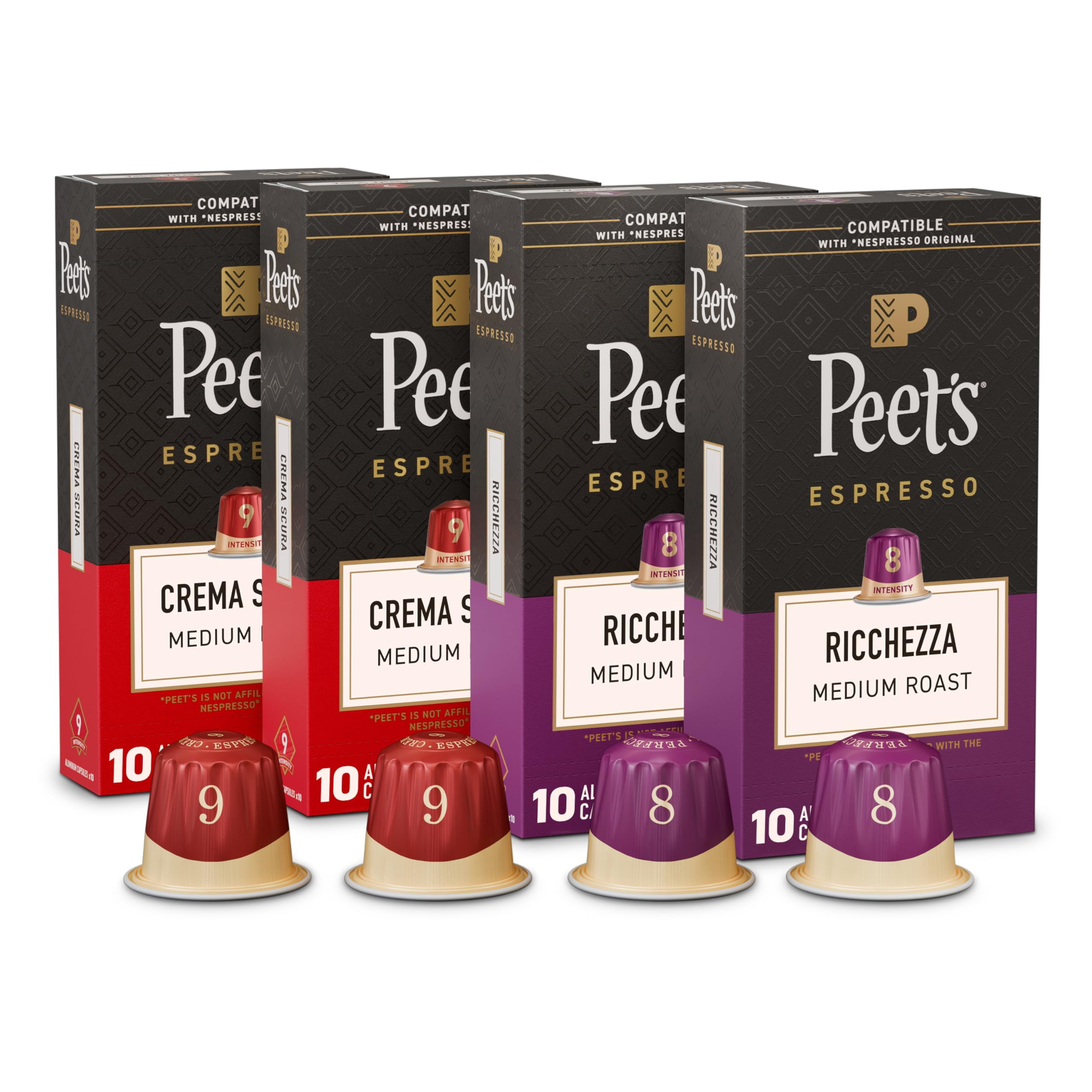 Peet's Coffee, Medium Roast Espresso Capsules Variety Pack, Compatible with Nespresso Original Machine, 100% Arabica Coffee - Intensity 8-9, 40 Count (4 Boxes of 10 Espresso Capsules)