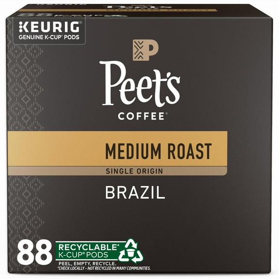 Peet's Coffee, Medium Roast Keurig K-Cup Pods - Single Origin Brazil 88 Count (4 Boxes of 22 Pods)