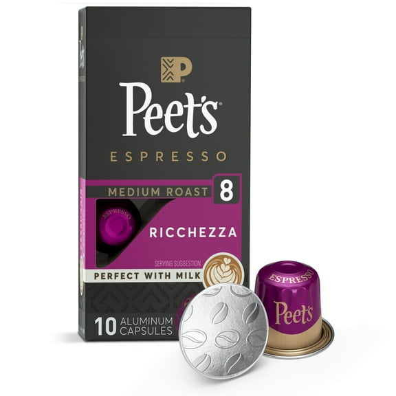 Peet's Coffee Ricchezza Premium Medium Roast Intensity 8 Espresso Coffee Pods, 10 Count