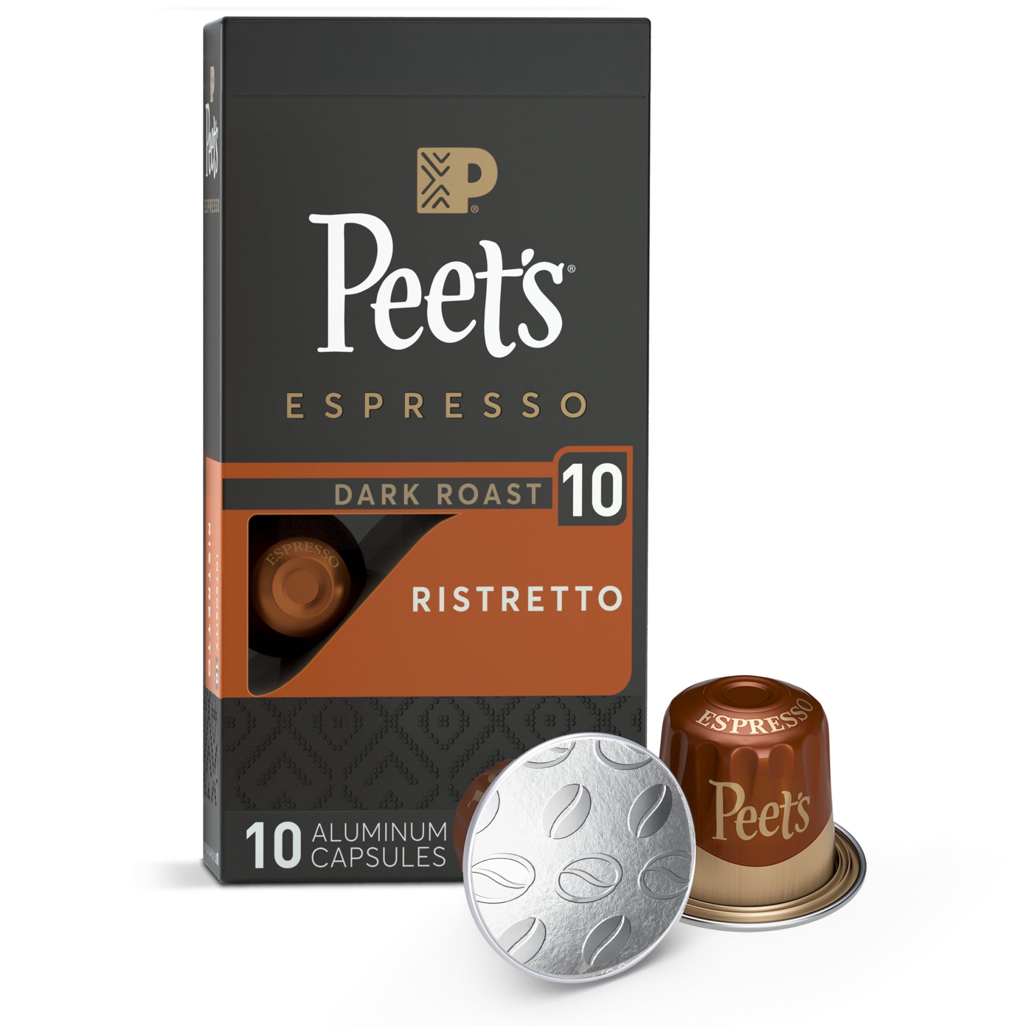 Peet's Coffee Ristretto Premium Dark Roast Intensity 10 Espresso Coffee Pods, 10 Count