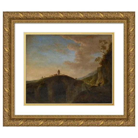 Peeter van Bredael 14x12 Gold Ornate Wood Frame and Double Matted Museum Art Print Titled - Stone Bridge