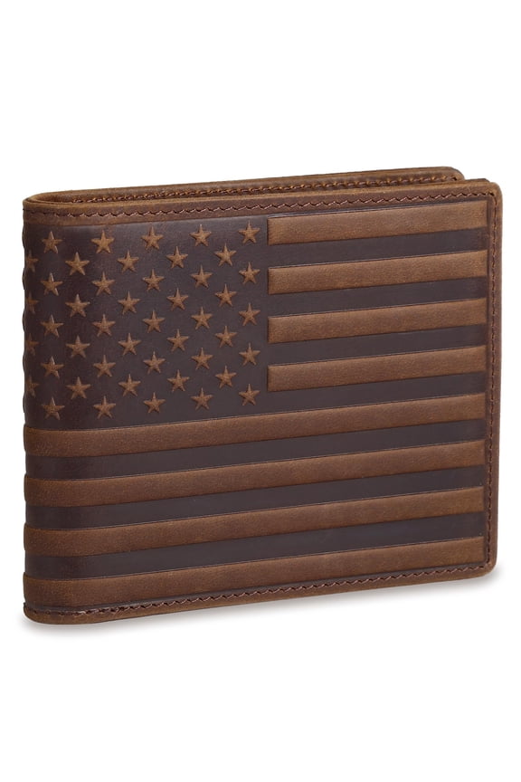 Full Grain Leather Wallet for Men, RFID Blocking, Mens Wallet Bifold with 2 ID Windows, Billfold with 13 Card Slots, Leather Gift for Men, American Flag Wallet Dark Brown A101