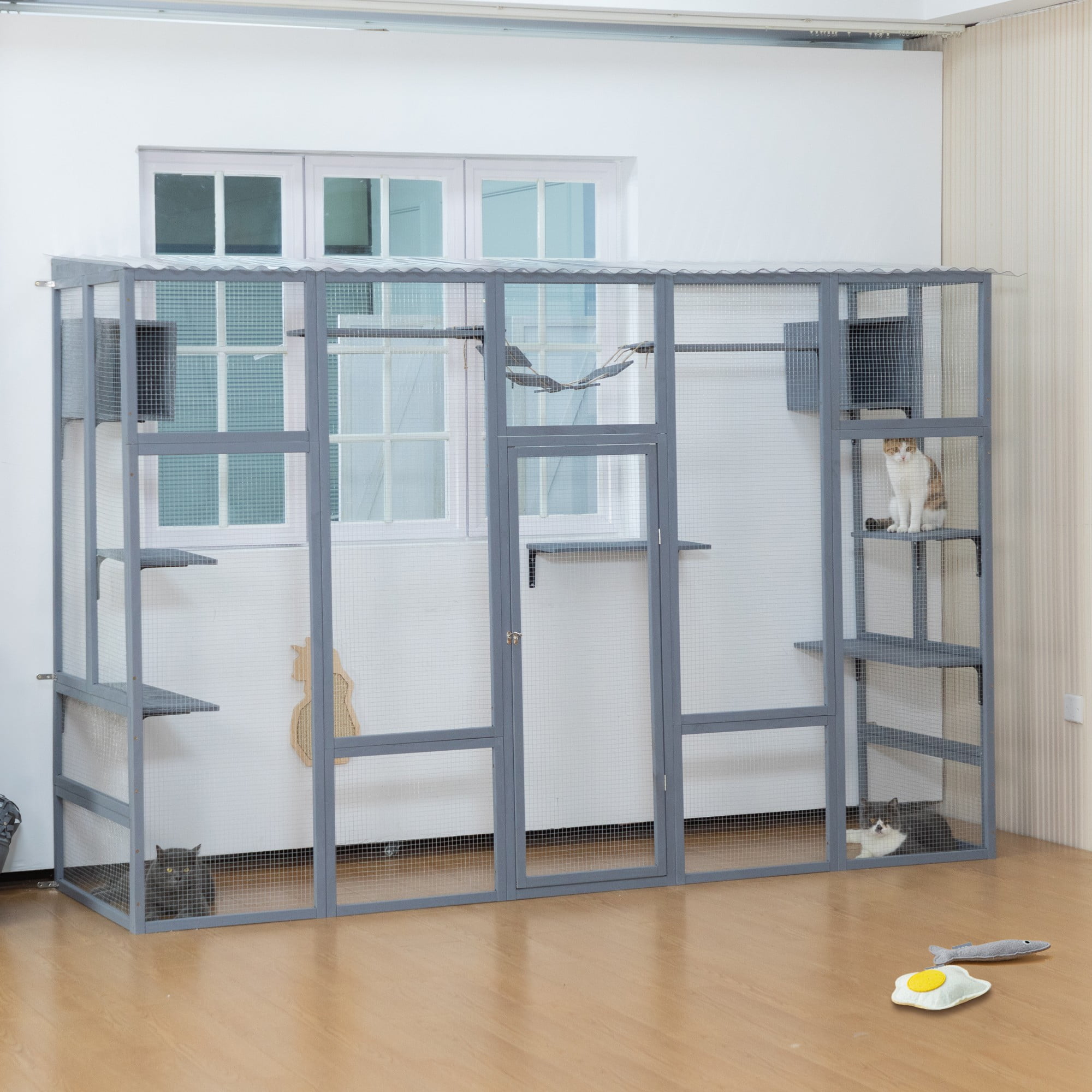 Pefilos 104" Wooden Cat House Outdoor Catio Kitty Enclosure with Super Large Enter Door, Cat Cage Condo Playpen with 6 Jumping Platforms, 2 Cat Condos, Gray Pefilos 104" Wooden Cat House Outdoor Catio Kitty Enclosure with Super Large Enter Door, Cat Cage Condo Playpen with 6 Jumping Platforms, 2 Cat Condos, Gray