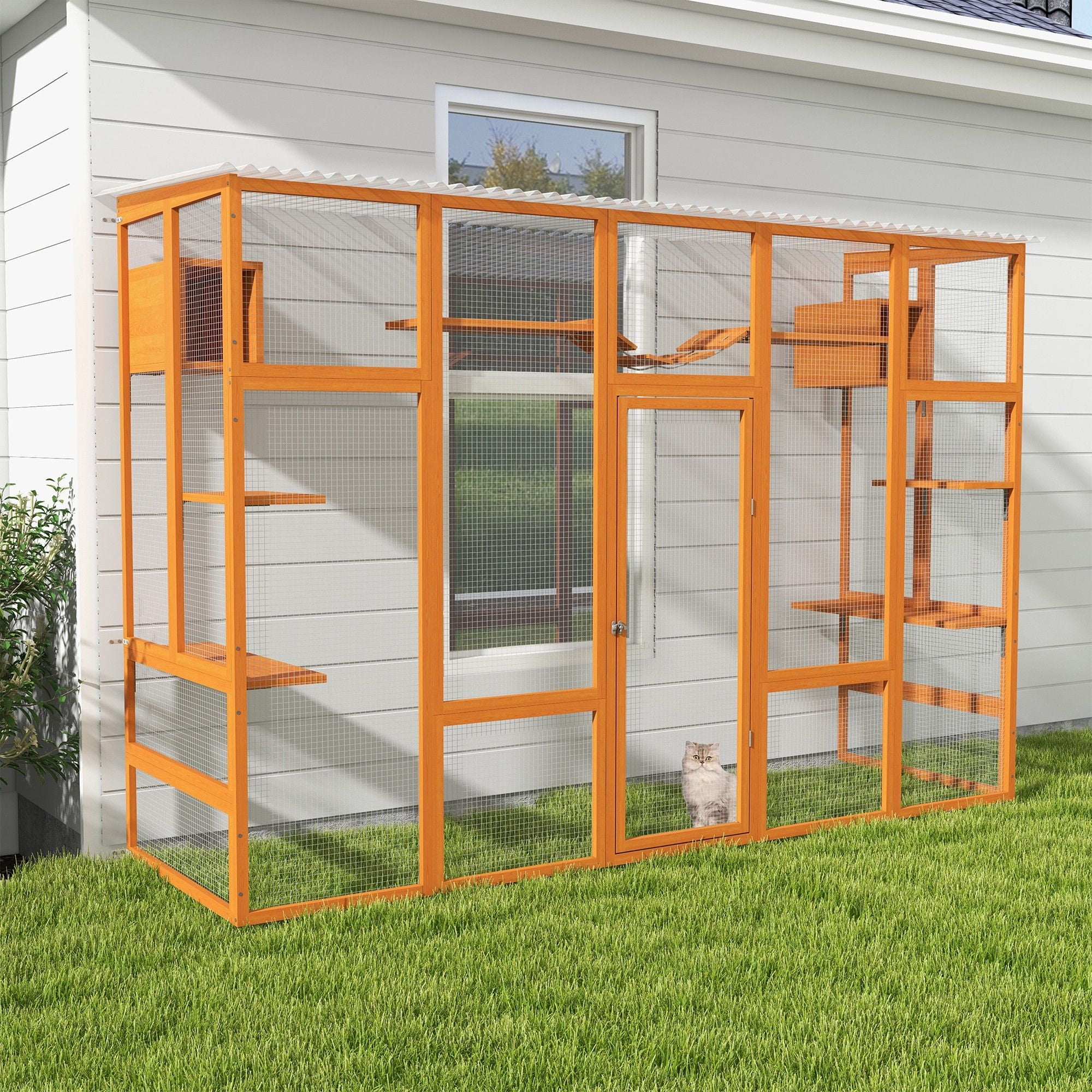 Pefilos 104" Wooden Cat House Outdoor Catio Kitty Enclosure with Super Large Enter Door, Cat Cage Condo Playpen with 6 Jumping Platforms, 2 Cat Condos, Orange Pefilos 104" Wooden Cat House Outdoor Catio Kitty Enclosure with Super Large Enter Door, Cat Cage Condo Playpen with 6 Jumping Platforms, 2 Cat Condos, Orange