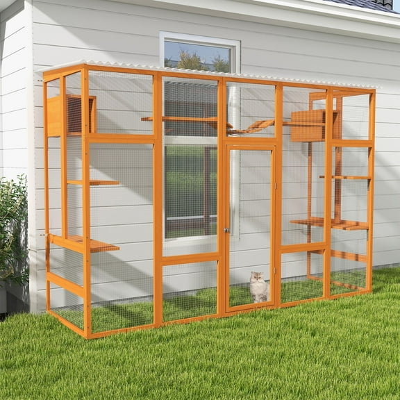 Pefilos 104" Wooden Cat House Outdoor Catio Kitty Enclosure with Super Large Enter Door, Cat Cage Condo Playpen with 6 Jumping Platforms, 2 Cat Condos, Orange