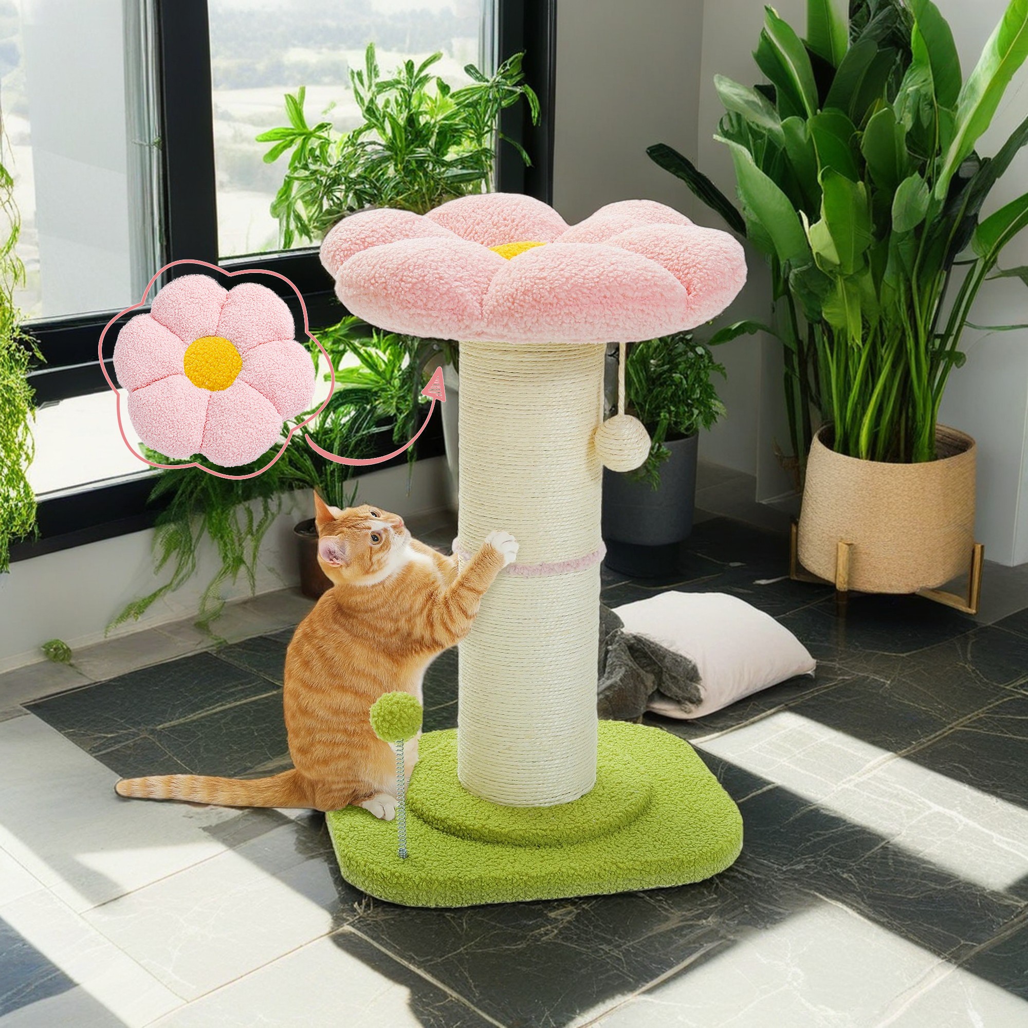 Pefilos 23" Cat Scratching Post, Small Cat Scratcher Tree for Indoor Cats with Removable Flower Cat Bed, Cat Tree Tower with Spring Ball, Pink
