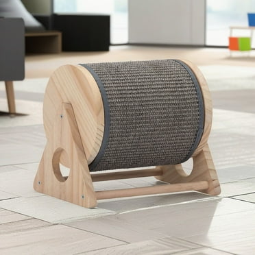 Pefilos 11" Wood Cat Scratching Post, 360-Degree Rotating Cat Scratch Wheel, Cat Scratcher Toy with Bells for Indoor Cats and Kittens, Beige