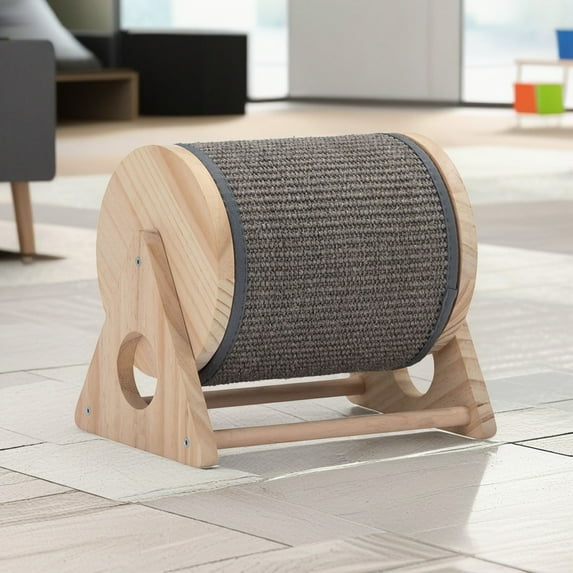 Pefilos 11" Wood Cat Scratching Post, 360-Degree Rotating Cat Scratch Wheel, Cat Scratcher Toy with Bells for Indoor Cats and Kittens, Beige