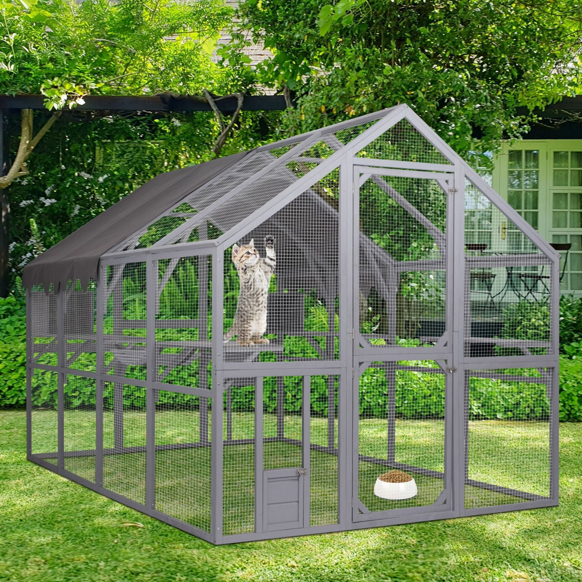 Pefilos 110" Large Outdoor Cat Cage, Weatherproof Cat Run Enclosure, Wood Cat Houses Catio Kitten Condo Backyard Shelter, Gray Pefilos 110" Large Outdoor Cat Cage, Weatherproof Cat Run Enclosure, Wood Cat Houses Catio Kitten Condo Backyard Shelter, Gray