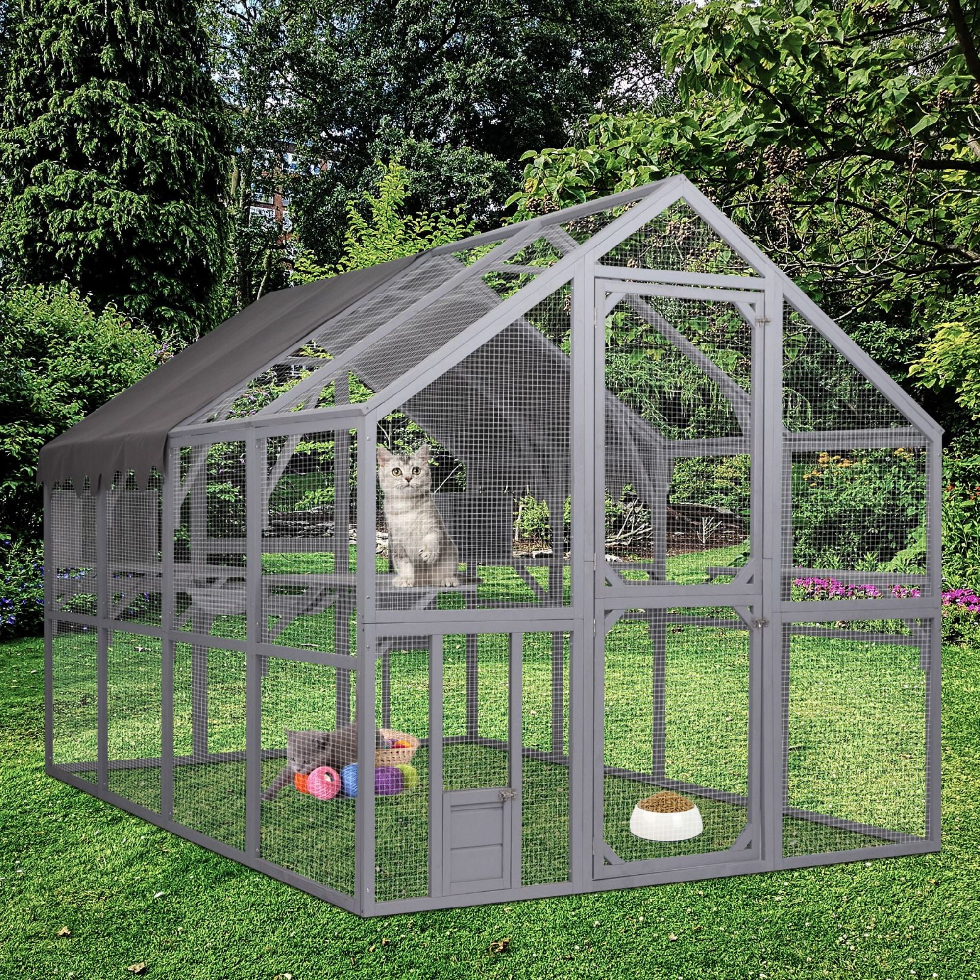Pefilos 110" Large Weatherproof Cat Run for Outdoor, Wood Cat Houses Enclosure, Cat Cage Kitten Condo Catio Shelter, Gray Pefilos 110" Large Weatherproof Cat Run for Outdoor, Wood Cat Houses Enclosure, Cat Cage Kitten Condo Catio Shelter, Gray