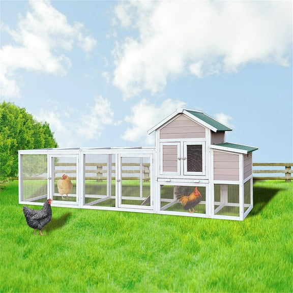 Pefilos 112" 2-Story Wood Large Chicken Coop with Run, Outdoor Wire Fence Poultry Cage for 4-6 Rabbits, Hen House with Nest Box, Gray