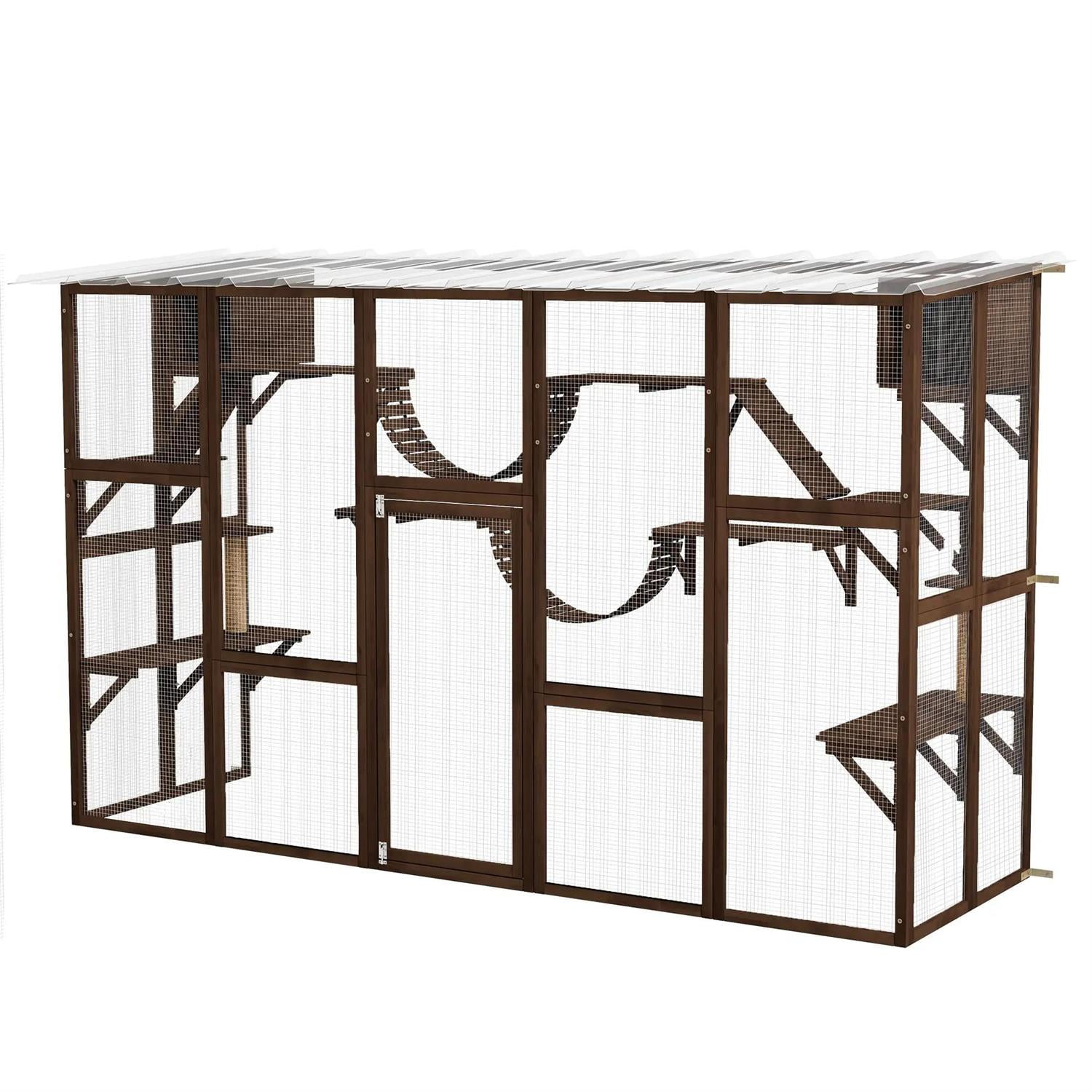 Pefilos 118" Outdoor Weatherproof Cat Cage with Shelves, Bridges, Wooden Catio House for 2-3 Kittens Cats, Indoor Cat Enclosure, Brown