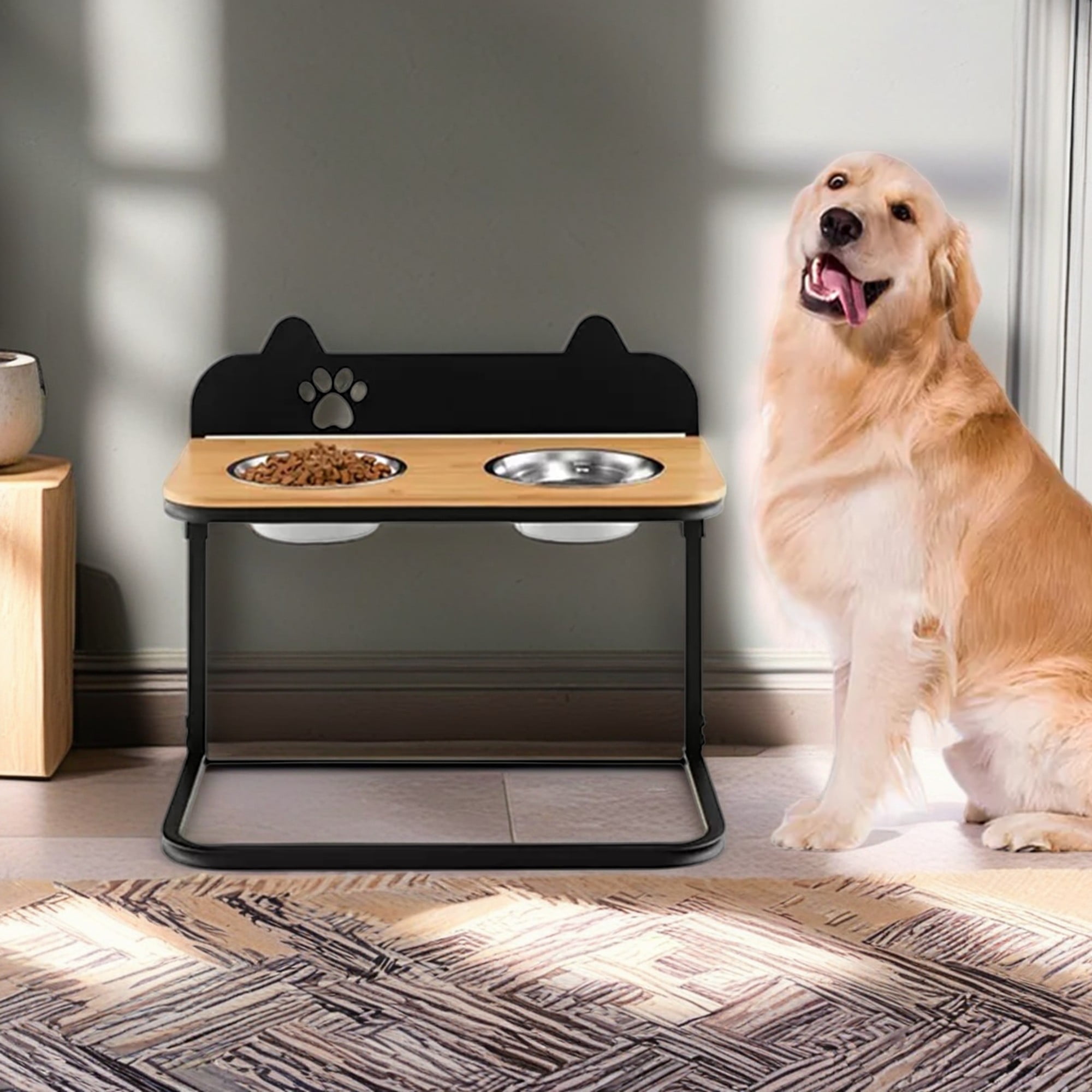 Pefilos 12"-16" Elevated Pet Feeder with 2 Stainless Steel Dog Bowls for Feeding Small Medium Dogs Cats Puppies, Black