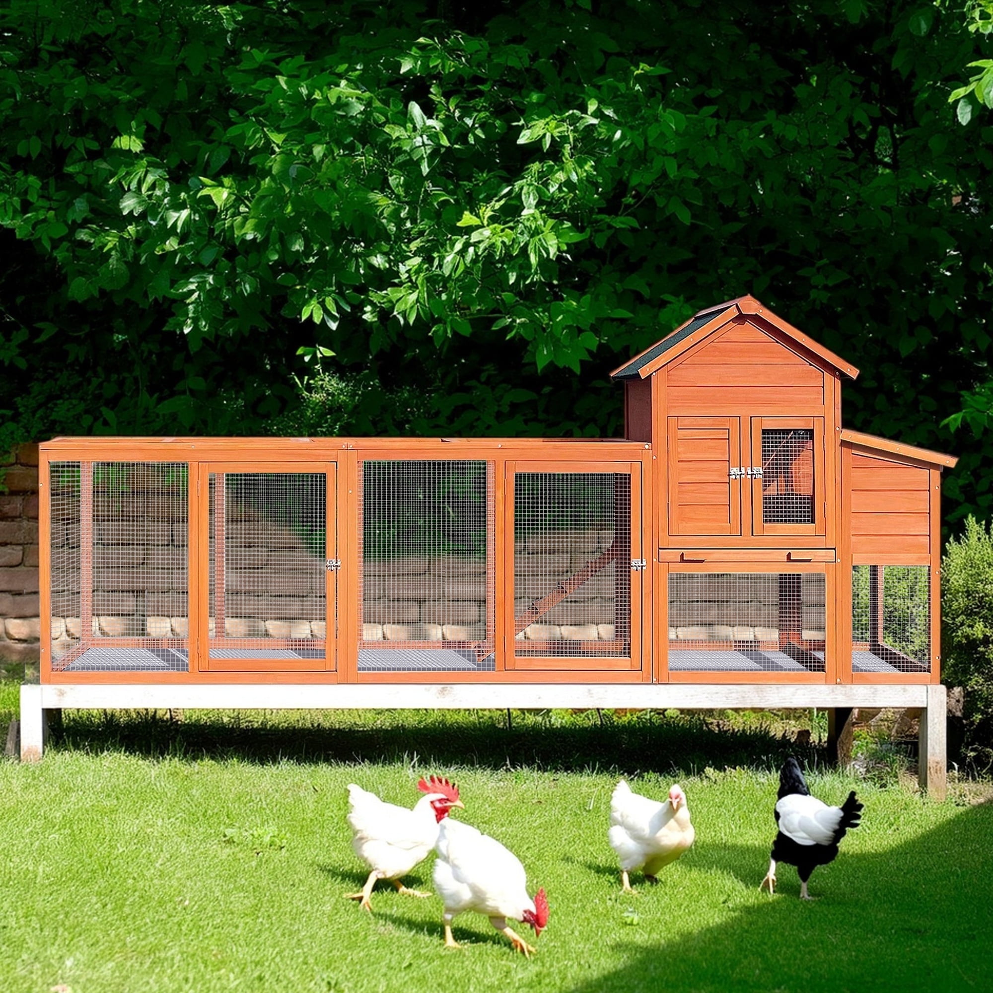 Pefilos 120" Large Outdoor Wood Rabbit Hutch, Chicken Coop with Nest Box ,Wire Fence Poultry Cage Hen House, Orange