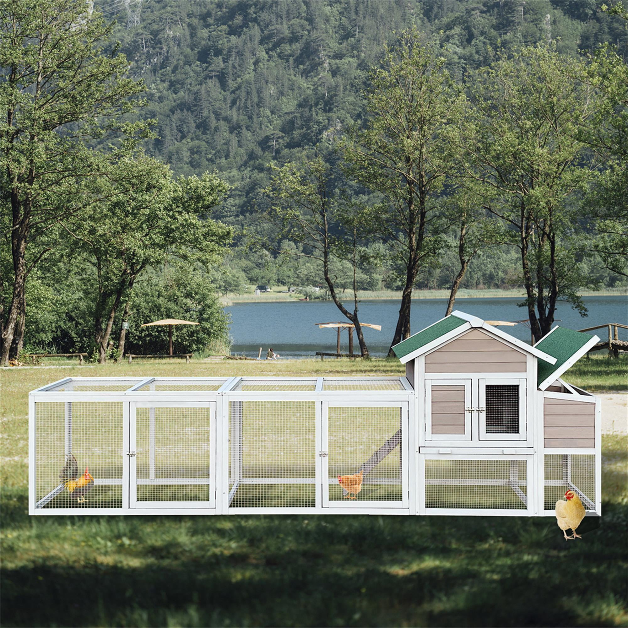 Pefilos 120" Large Outdoor Wood Rabbit Hutch with Run, 2-Story Wire Fence Chicken Coop Poultry Cage, Hen House with Nest Box, Gray