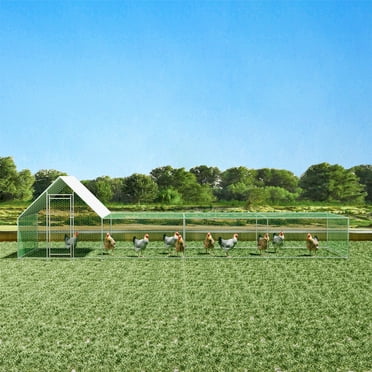 Pefilos 26'L x 6.7'W x 6.6' Large Outdoor Metal Chicken Coop with Run, 2-Story Wire Fence Rabbit Hutch Poultry Cage, Hen House with Nest Box, Silver