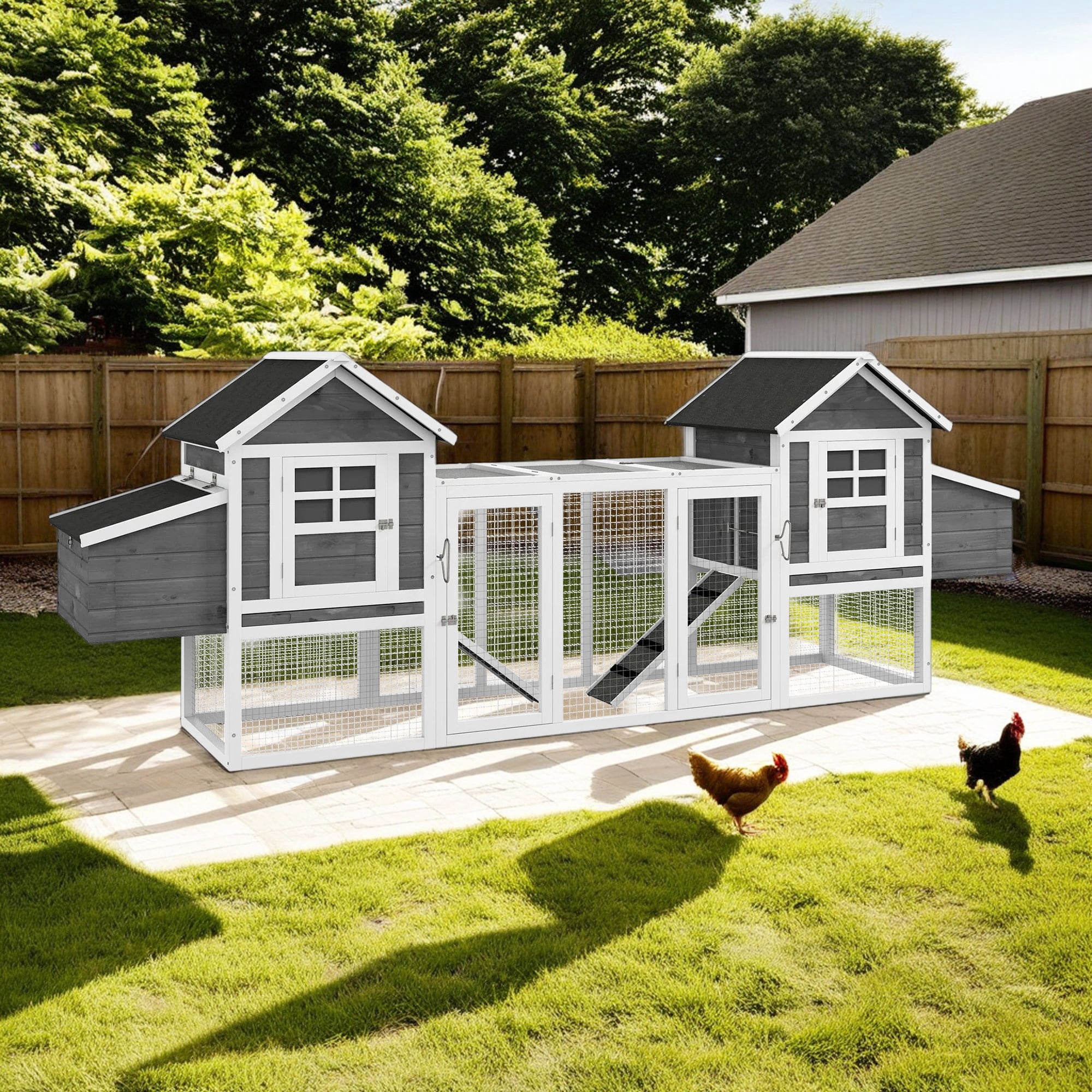 Pefilos 124" Outdoor Large Chicken Coop, Rabbit Hutch, Guinea Pig Hutch for Indoor Asphalt Slab Roof Pet Cages, Gray